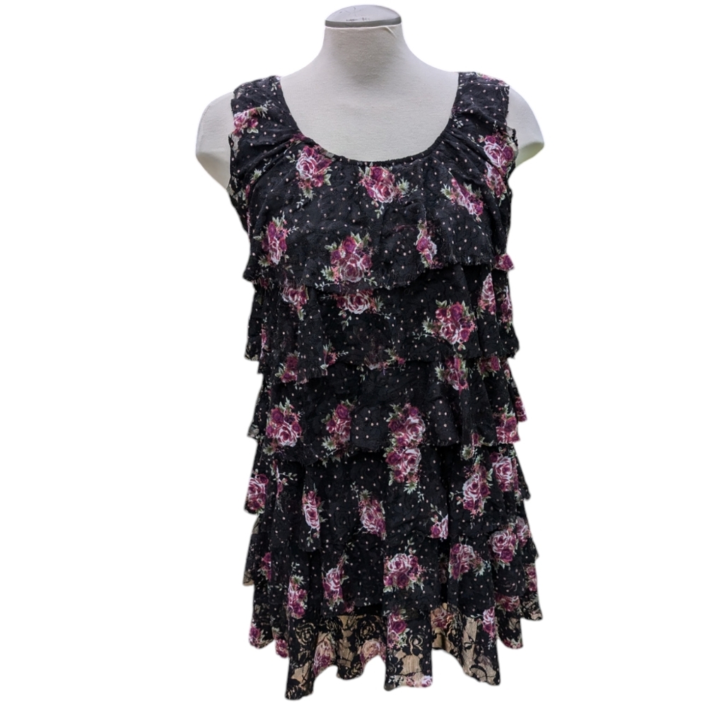 Lady Noiz floral sleeveless black & pink ruffle tunic top size medium
